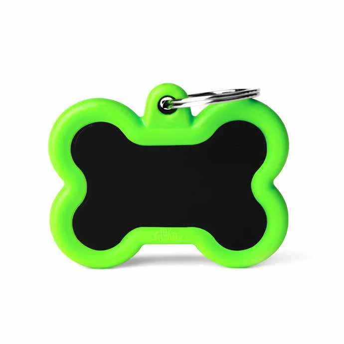 My Family USA Pet Tag - New "Hushtag" - Black Bone Aluminum Green Rubber - Large