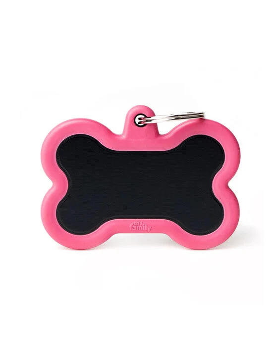 My Family USA Pet Tag - New "Hushtag" - Black Bone Aluminum Pink Rubber - XL