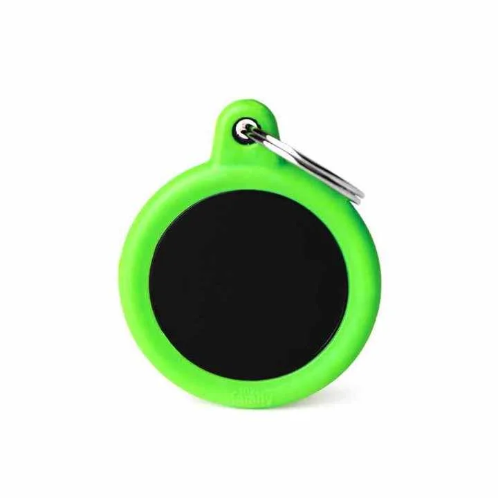 My Family USA Pet Tag - New "Hushtag" - Black Circle Aluminum Green Rubber - Large