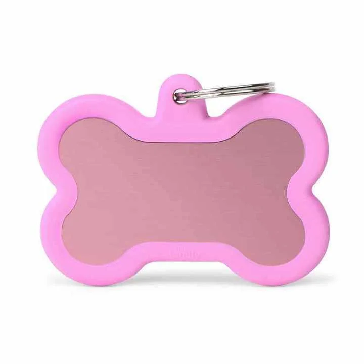 My Family USA Pet Tag - New "Hushtag" - Pink Bone Aluminum Pink Rubber - XL