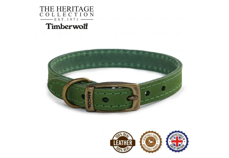 Ancol - Timberwolf Leather Collar - Green - Size 4 (35-43cm)